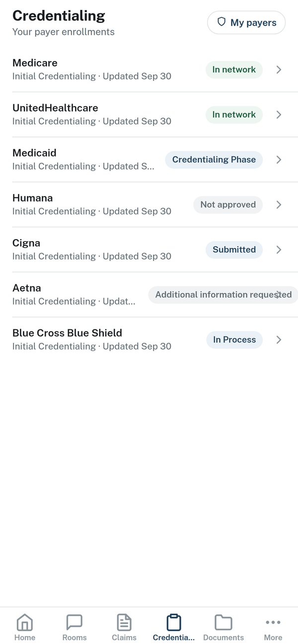 Mobile app credentialing list by payer.