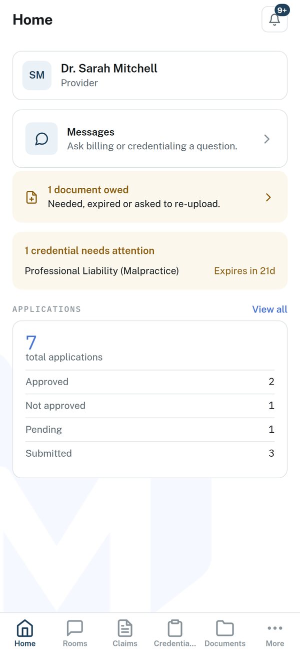 Mobile app home: documents owed, a credential expiring soon, and an application summary.
