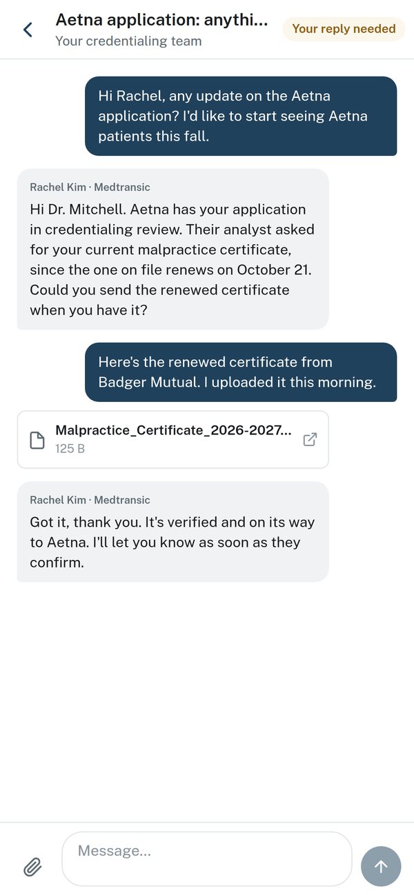 Mobile app message thread with an attached document.