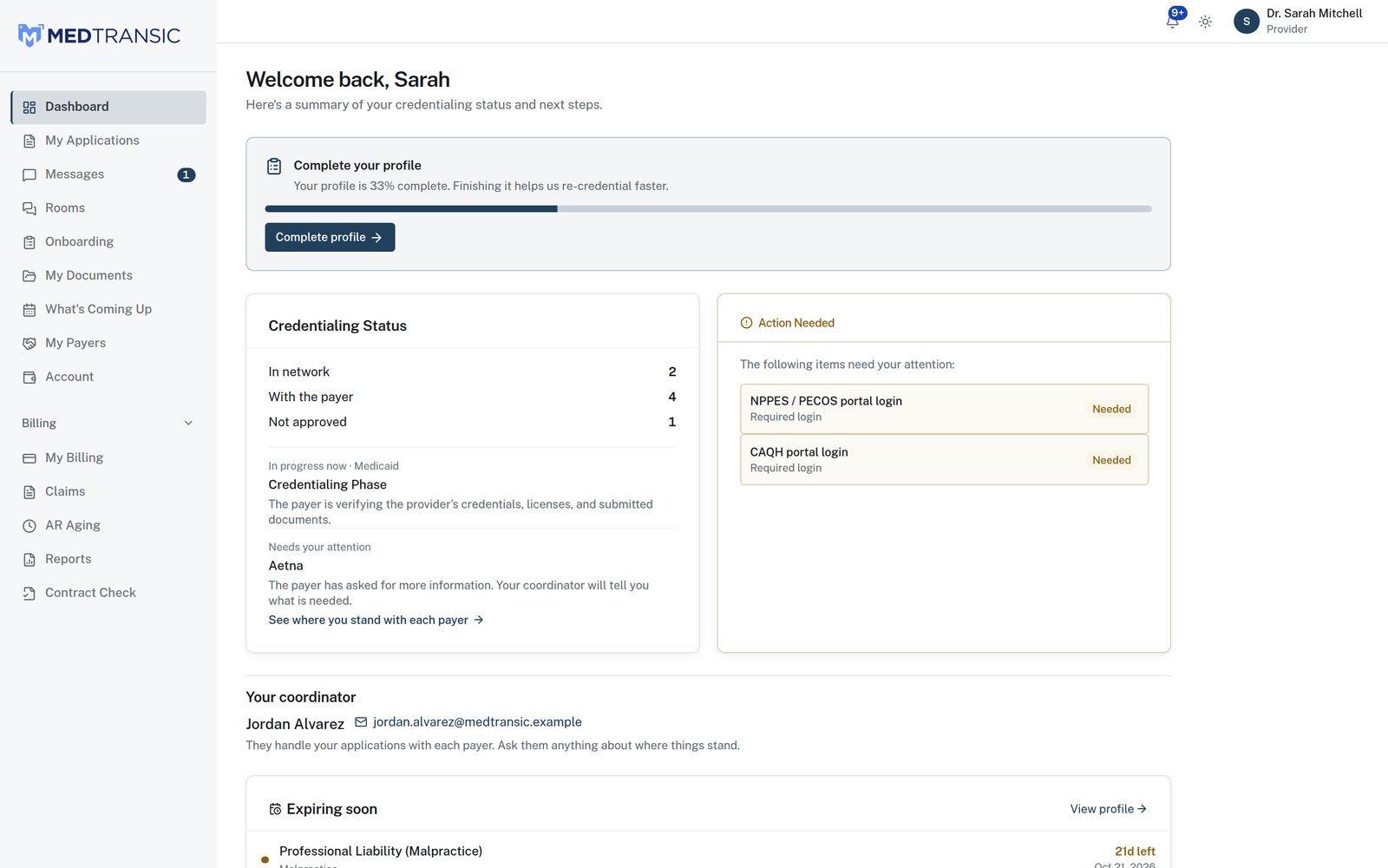 A doctor's dashboard in the Medtransic portal: credentialing status by payer, items that need attention, the assigned coordinator, and credentials expiring soon.