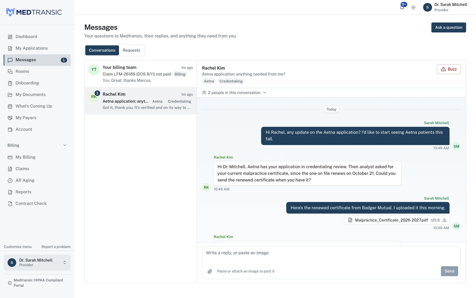 A message thread about an Aetna application: the coordinator asks for a renewed malpractice certificate and the doctor attaches it.