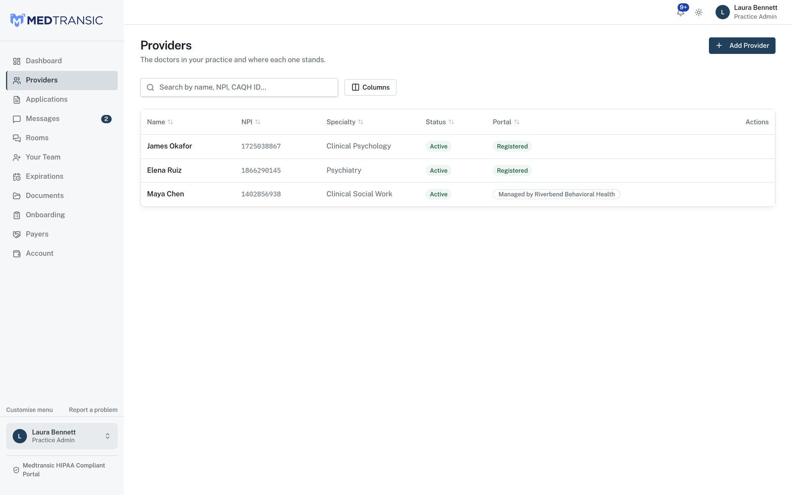 The practice's provider list with each provider's credentialing progress.