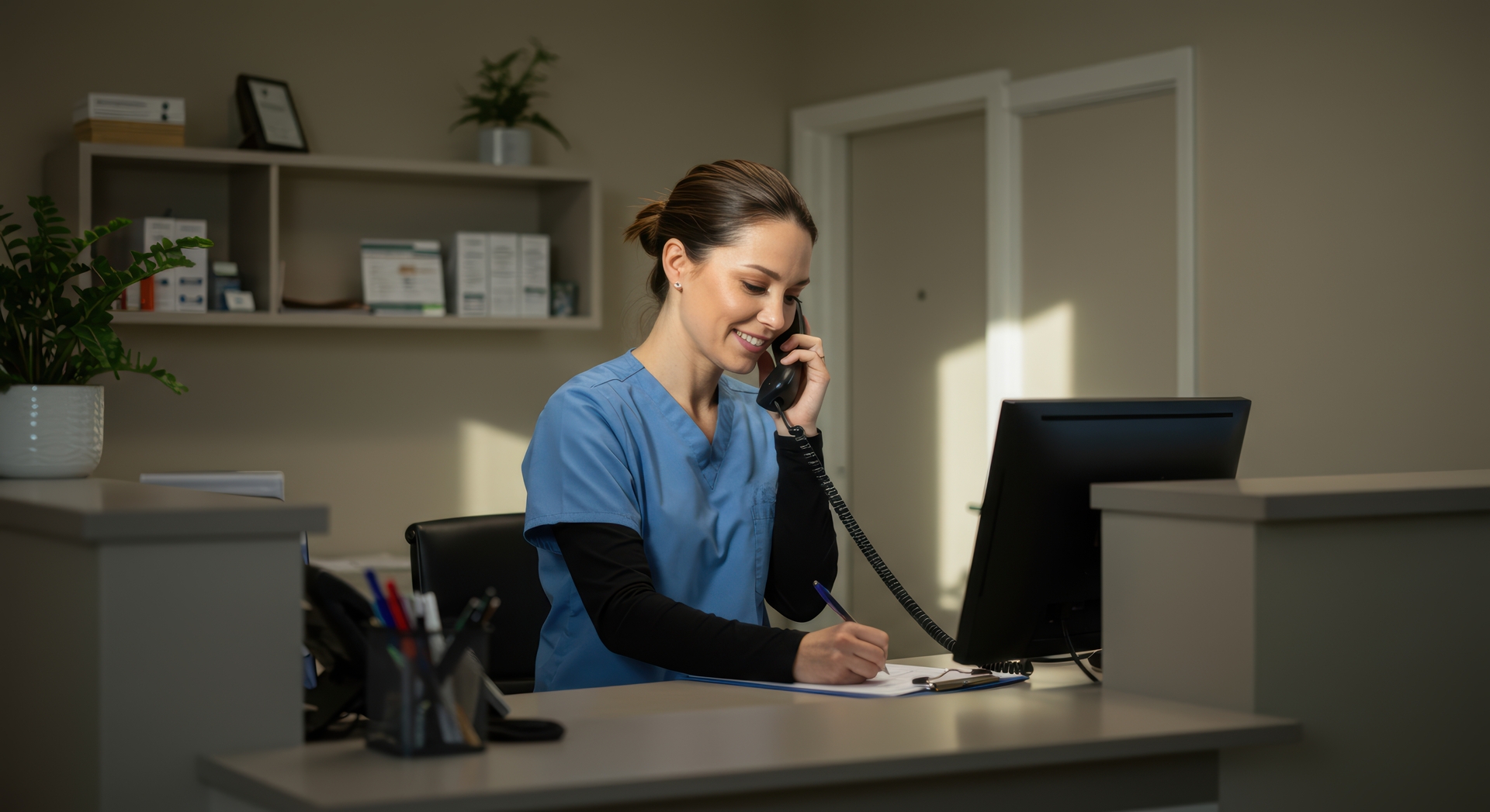 Medical receptionist managing patient communications